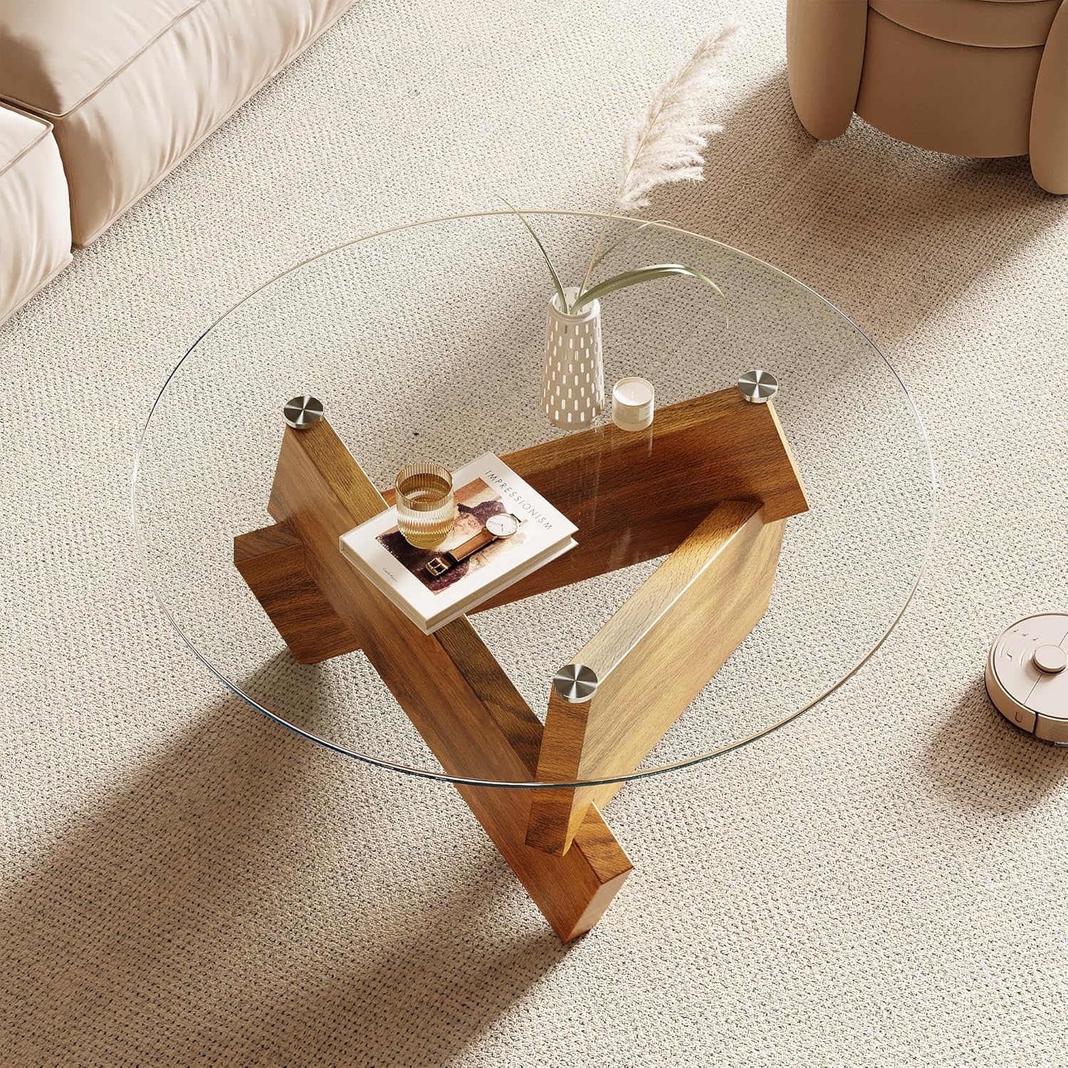 Honyee Morden Rounded Coffee Table, 30.7" x 30.7" x 16.1" Tempered Glass Top for Living Room, Color: Natural Wood