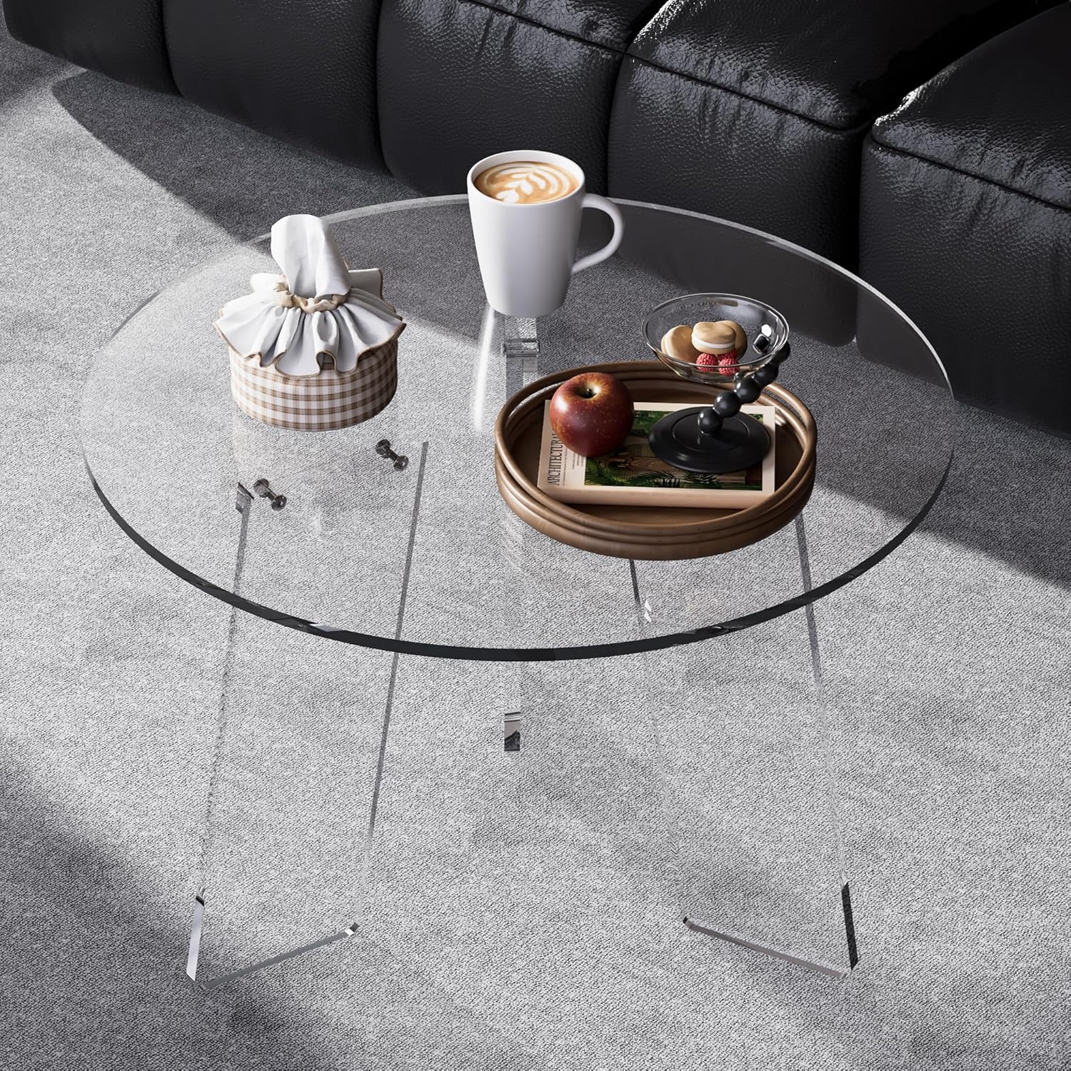 Acrylic Coffee Table Round, Clear Circle Modern Lucite Side Table Legs for Living Room, Bedroom, Office (Clear, 23.6“ × 15.7”)