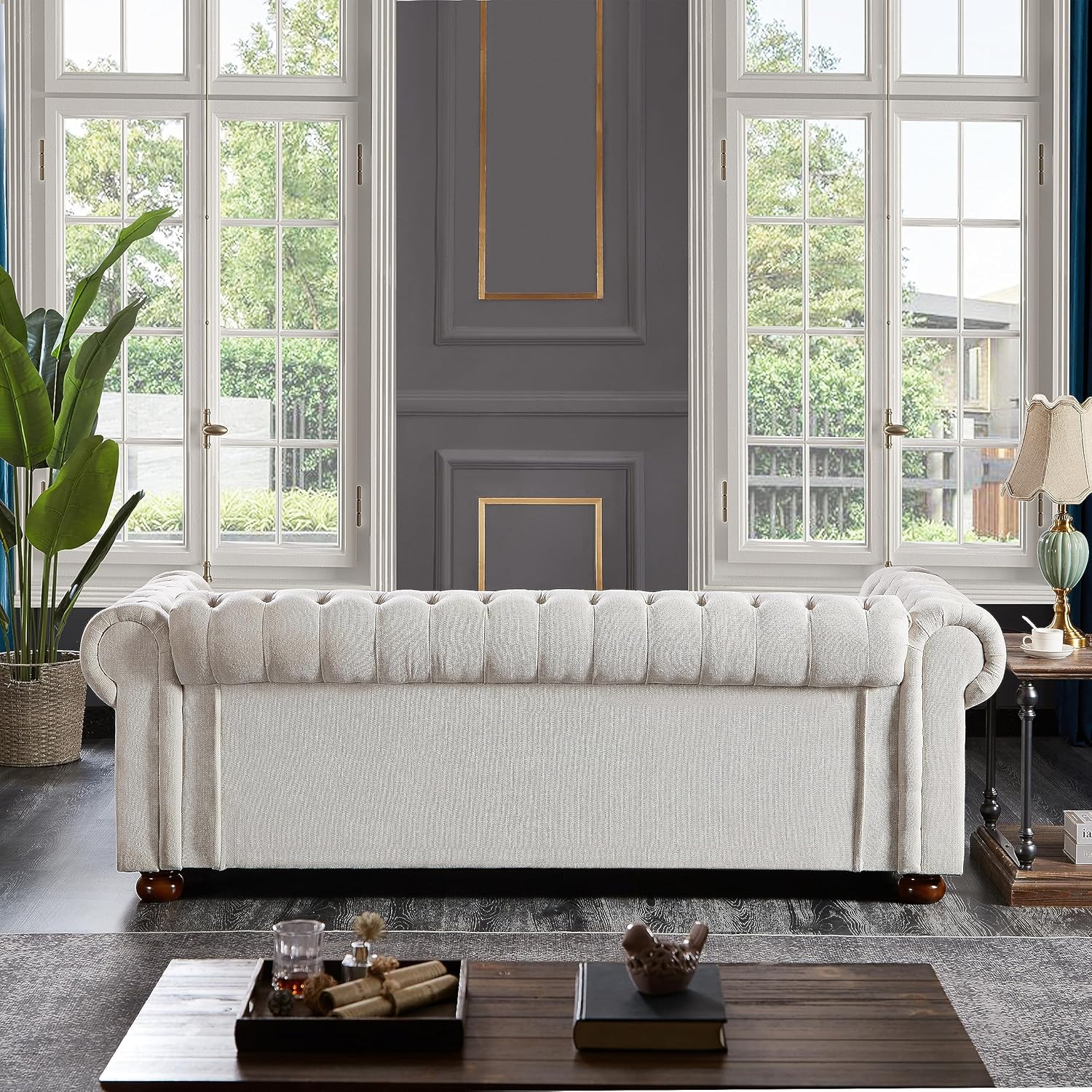 Chesterfield Sofa, 89" Mid Century Modern Couch with Low Back, Roll Arm Nailhead Trim Classic 3 Seater Couch for Living Room, Office, Apartment, Linen Beige