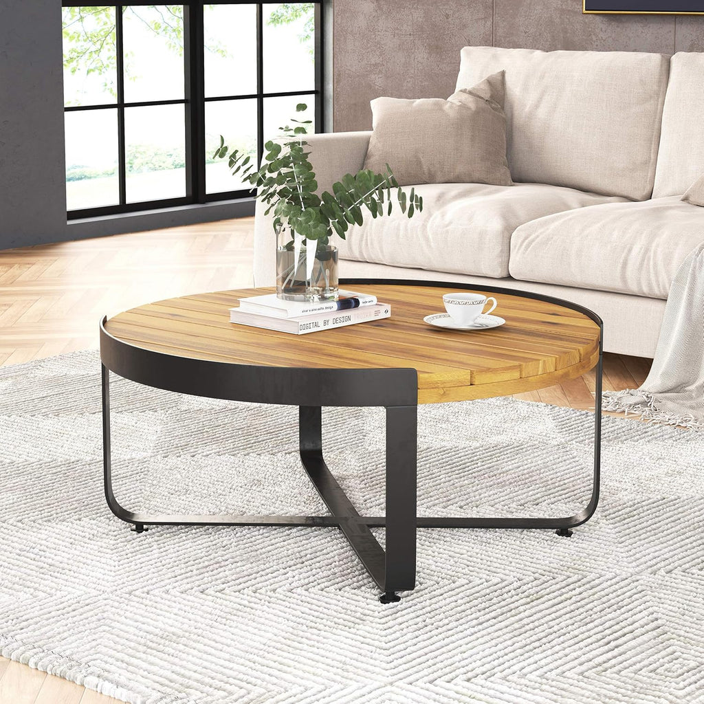 Christopher Knight Home Tracy Outdoor Modern Industrial Acacia Wood Coffee Table, Teak Finish, Black