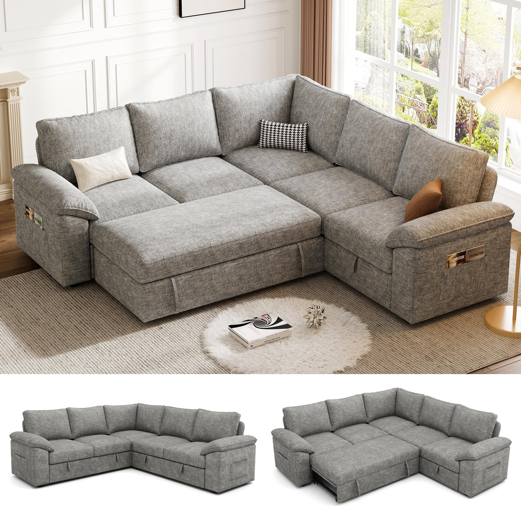 108 Inch Sectional Sleeper Sofa with Pull Out Bed, U Shaped 7 Seat Modular Sectional Sofa with Storage, Sectional Couches for Living Room, Cloud Modular Couch, Removable Sofa Cover, Dark Grey