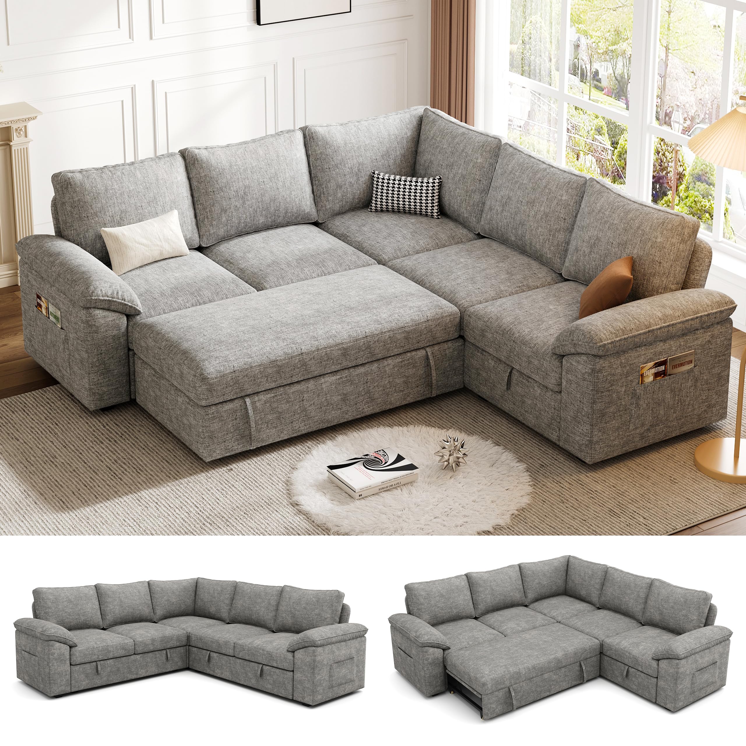 108 Inch Sectional Sleeper Sofa with Pull Out Bed, U Shaped 7 Seat Modular Sectional Sofa with Storage, Sectional Couches for Living Room, Cloud Modular Couch, Removable Sofa Cover, Dark Grey