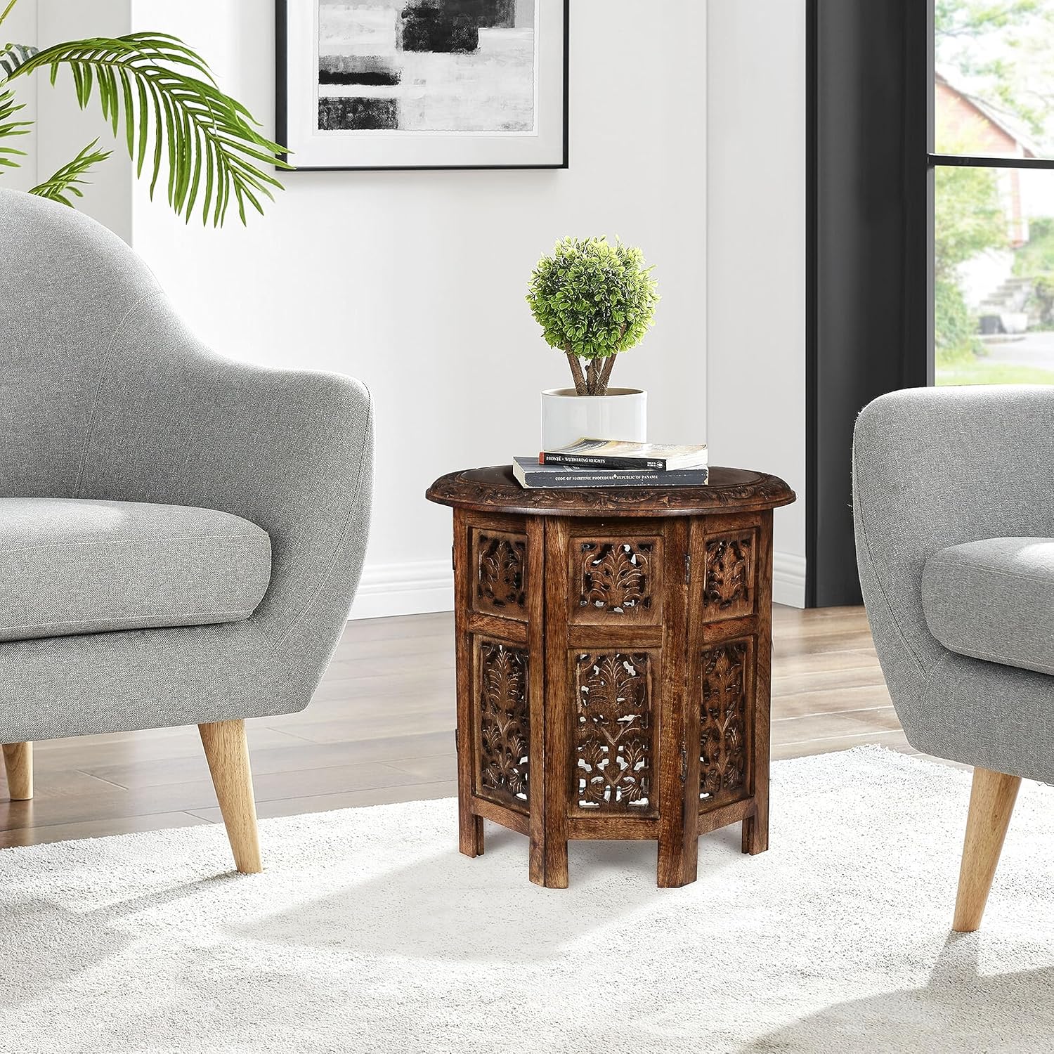 Lightnpro Elegant Handcrafted Wooden End Table - Unique 18x18 Inch Octagonal Design, Burnt Antique Finish - Vintage Accent Table for Living Room, Bedroom & Entryway Home Décor