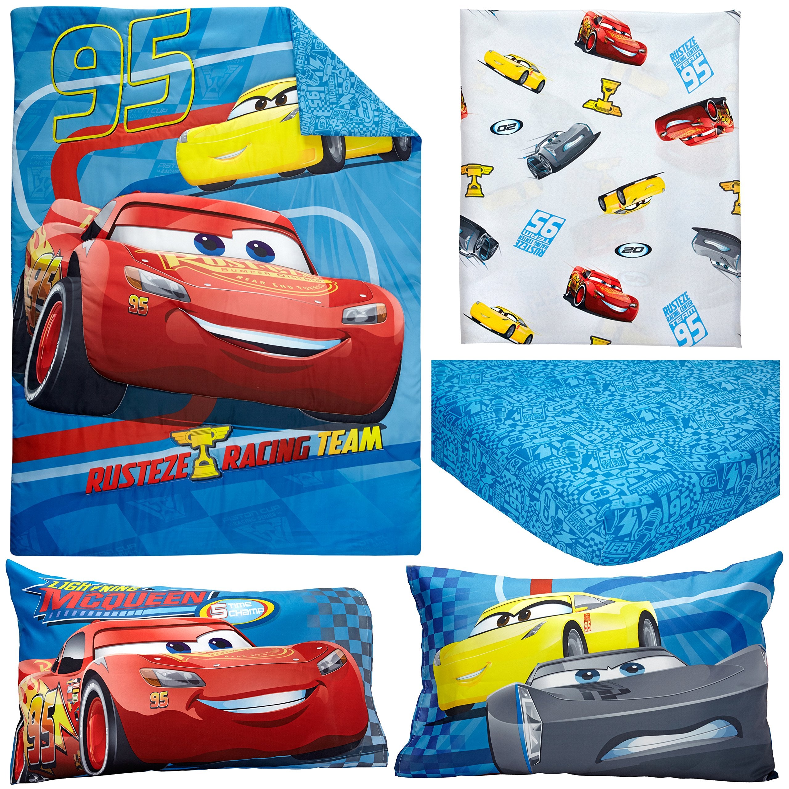 Ensemble de literie pour tout-petit Disney Cars Rusteze Racing Team 4 pièces, bleu/rouge/jaune/blanc