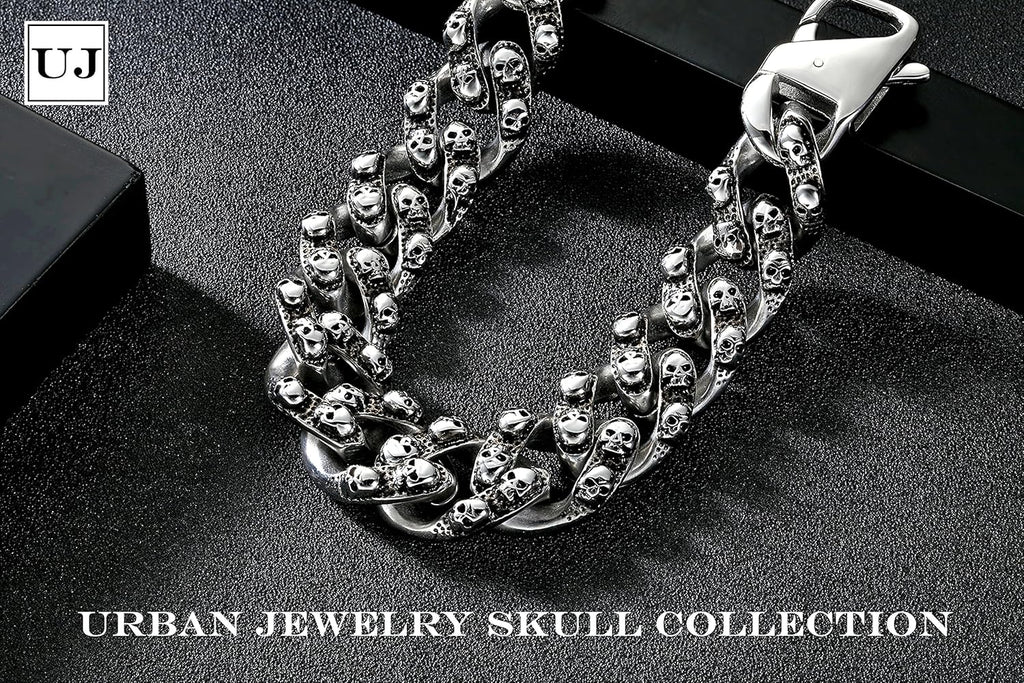 Urban Jewelry Skull Head Gothic Biker Bracelet for Men 316L Stainless Steel Mens Link Bracelet