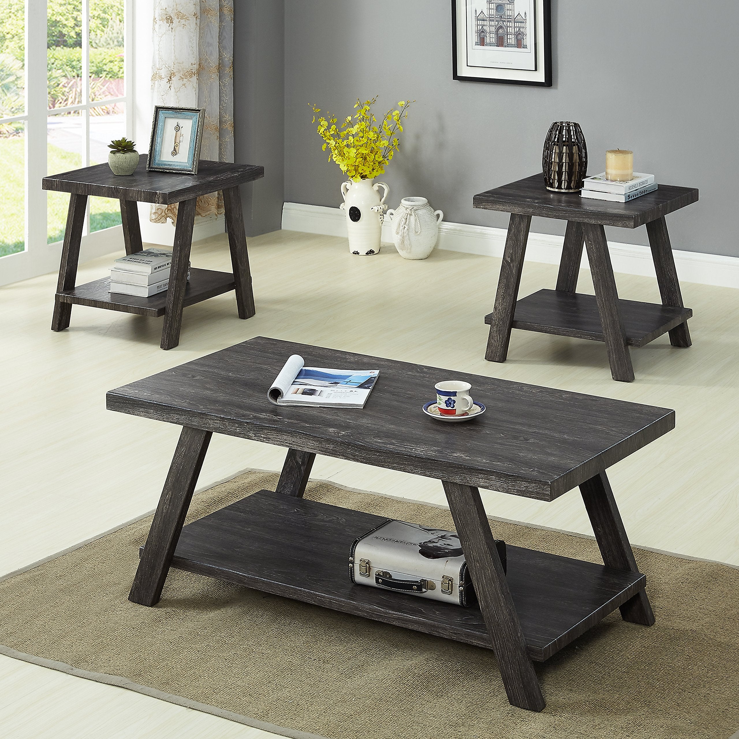 Roundhill Furniture Athens Contemporary 3-Piece Wood Shelf Coffee Table Set , Black
