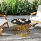 Round Nesting Coffee Tables Set: Black Gold Marble Coffee Table Set of 2 - Modern Metal Stacking Side Table for Living Room Small Spaces