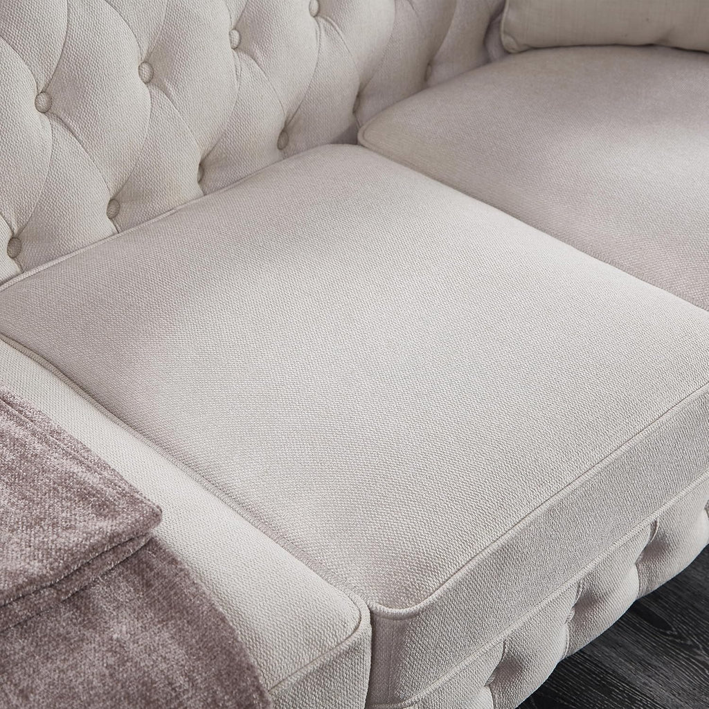 Chesterfield Sofa, 89" Mid Century Modern Couch with Low Back, Roll Arm Nailhead Trim Classic 3 Seater Couch for Living Room, Office, Apartment, Linen Beige