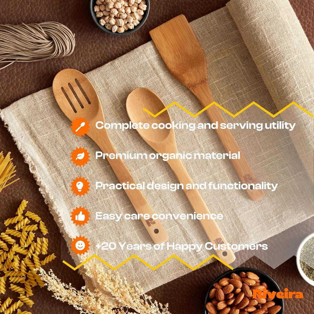 Riveira Dark Bamboo Wooden Spoons for Cooking 3-Piece, Apartment Essentials Wood Spatula Spoon Nonstick Kitchen Utensil Set Premium Quality Housewarming Gifts for Everyday Use