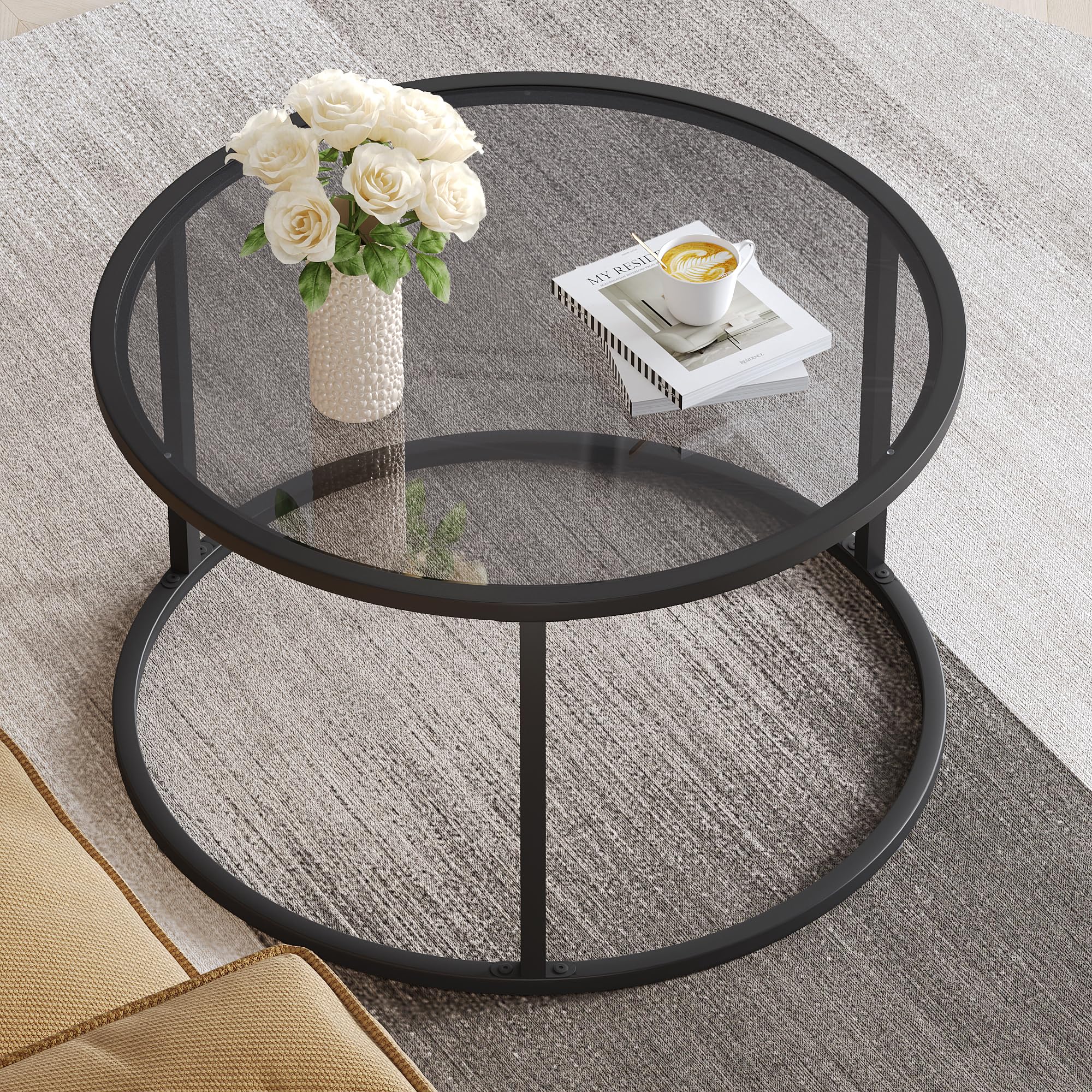 SAYGOER Small Glass Coffee Table Round Gold Coffee Table for Small Space Modern Simple Center Table with Gold Frame for Living Room Home Office, Easy Assembly
