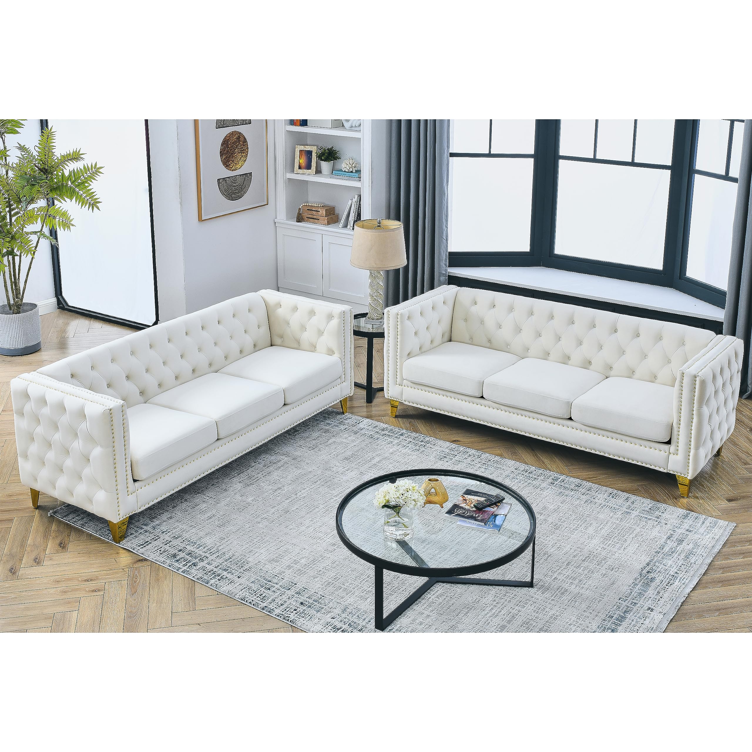 KEIKI Tufted Velvet 3+3 Seat Sofa Couch for Living Room, Buttons Tufted Square Arm Couch for Home Apartment, Gray