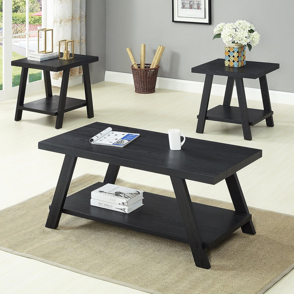 Roundhill Furniture Athens Contemporary 3-Piece Wood Shelf Coffee Table Set , Black