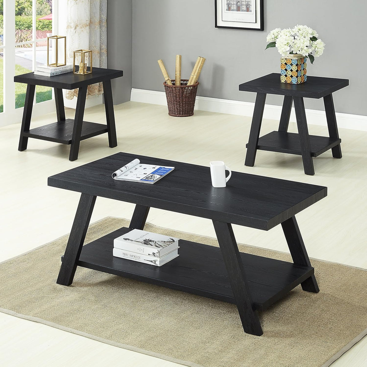 Roundhill Furniture Athens Contemporary 3-Piece Wood Shelf Coffee Table Set , Black
