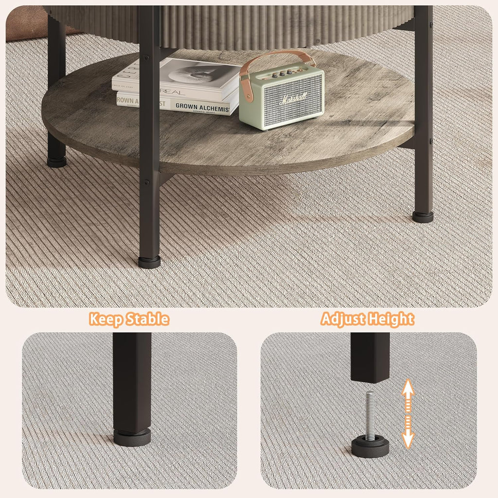 Small Round Coffee Table with Fluted Panel, Lift Top Coffee Table with Hidden Compartment and Open Shelf, Modern Lift Tabletop Dining Central Table for Living Room, Home Office, Grey