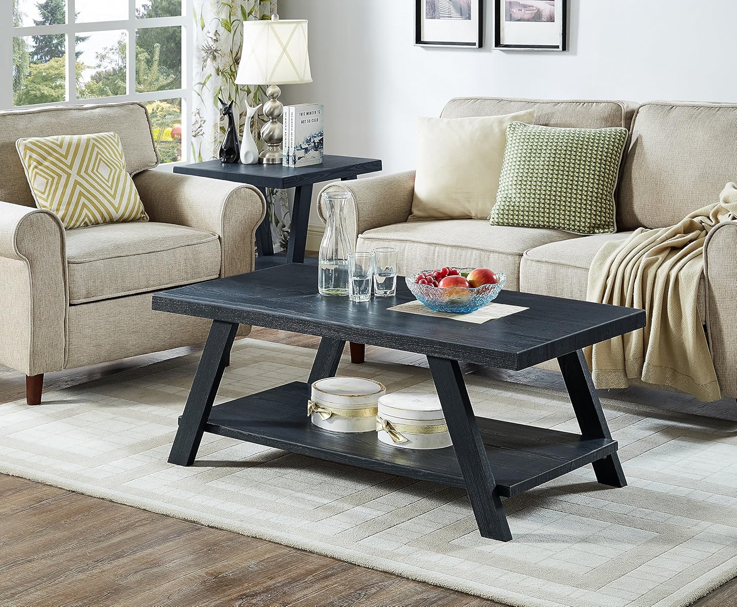 Roundhill Furniture Athens Contemporary 3-Piece Wood Shelf Coffee Table Set , Black