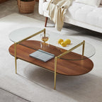 Round Coffee Table, Mid-Century Modern Design, D30 x H17, for Living Room, 2-Tier Structure, Amber Glass Top and Walnut MDF Shelf, Sleek Conical Metal Legs with Gold Finish