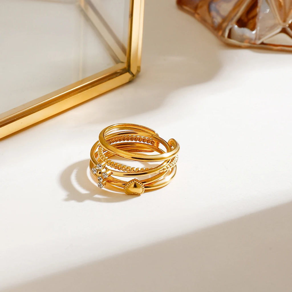 Set Zora 3 Pezzi Anelli Impilabili Regolabili Placcati Oro 18K Acciaio Inossidabile Design Croce Cuore Gioielli Regalo Versatile