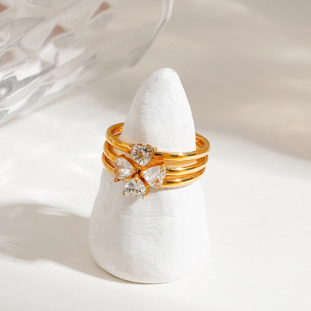 Zora 3 Parça Ayarlanabilir Yığın Yüzük Seti 18K Altın Kaplama Paslanmaz Çelik Kalp Zirkon Yüzük Kadınlar İçin Lüks Hediye Takı