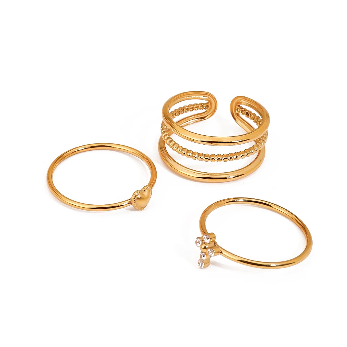Zora 3-Piece Set Adjustable Stacking Rings 18K Gold Plated Stainless Steel Cross Heart Design Versatile Gift Jewelry