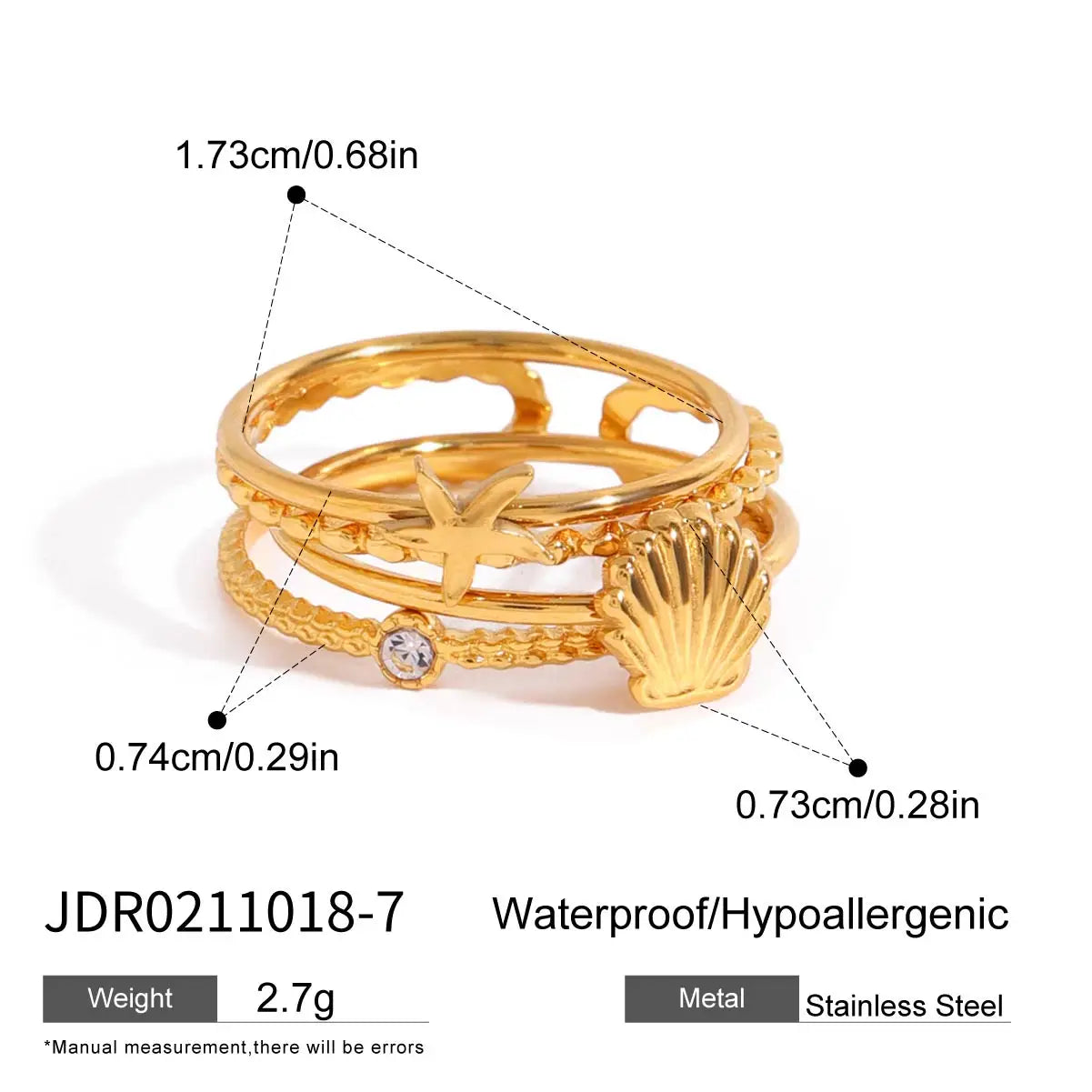 Ensemble de 3 bagues empilables élégantes pour femmes en acier inoxydable plaqué or 18 carats avec coquille côtelée inspirée de l'océan, étoile de mer et ronde