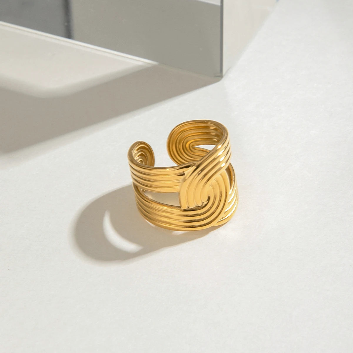 Zora Wide Band Ring 18K Gold Plated Stainless Steel Minimalist Twisted Crossed Lines Waterproof Chic Office Jewelry