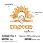 Juego de 3 anillos apilables elegantes para damas, chapados en oro de 18K, de acero inoxidable, con sol acanalado, piedra de imitación en forma de lágrima y piedra de imitación Rhines