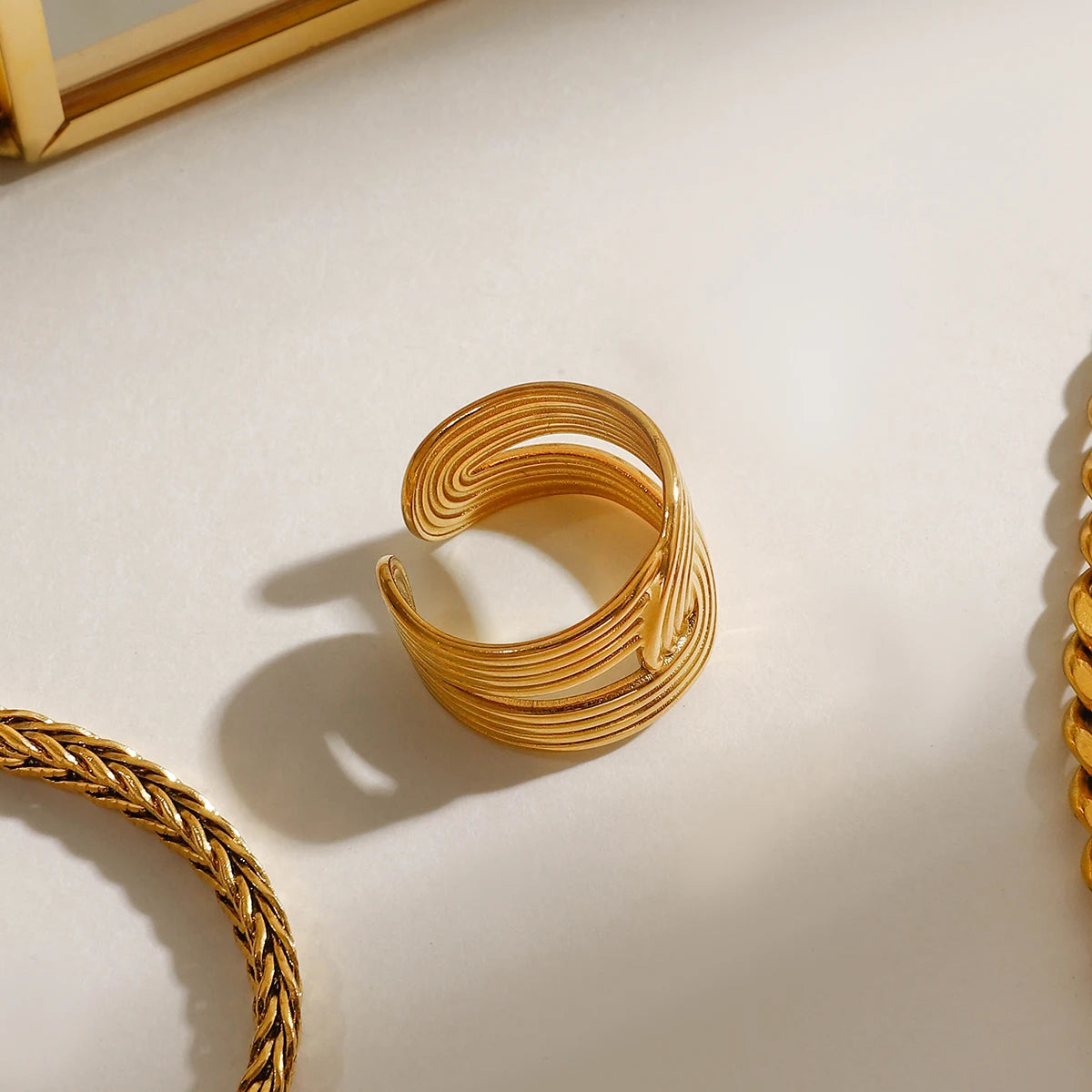 Zora Wide Band Ring 18K Gold Plated Stainless Steel Minimalist Twisted Crossed Lines Waterproof Chic Office Jewelry