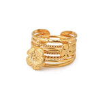 Juego de 3 anillos apilables sofisticados para mujer, chapados en oro de 18K, de acero inoxidable, con flor acanalada y cinco capas acanaladas huecas