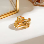 Juego de 3 anillos apilables sofisticados para mujer, chapados en oro de 18K, de acero inoxidable, con flor acanalada y cinco capas acanaladas huecas