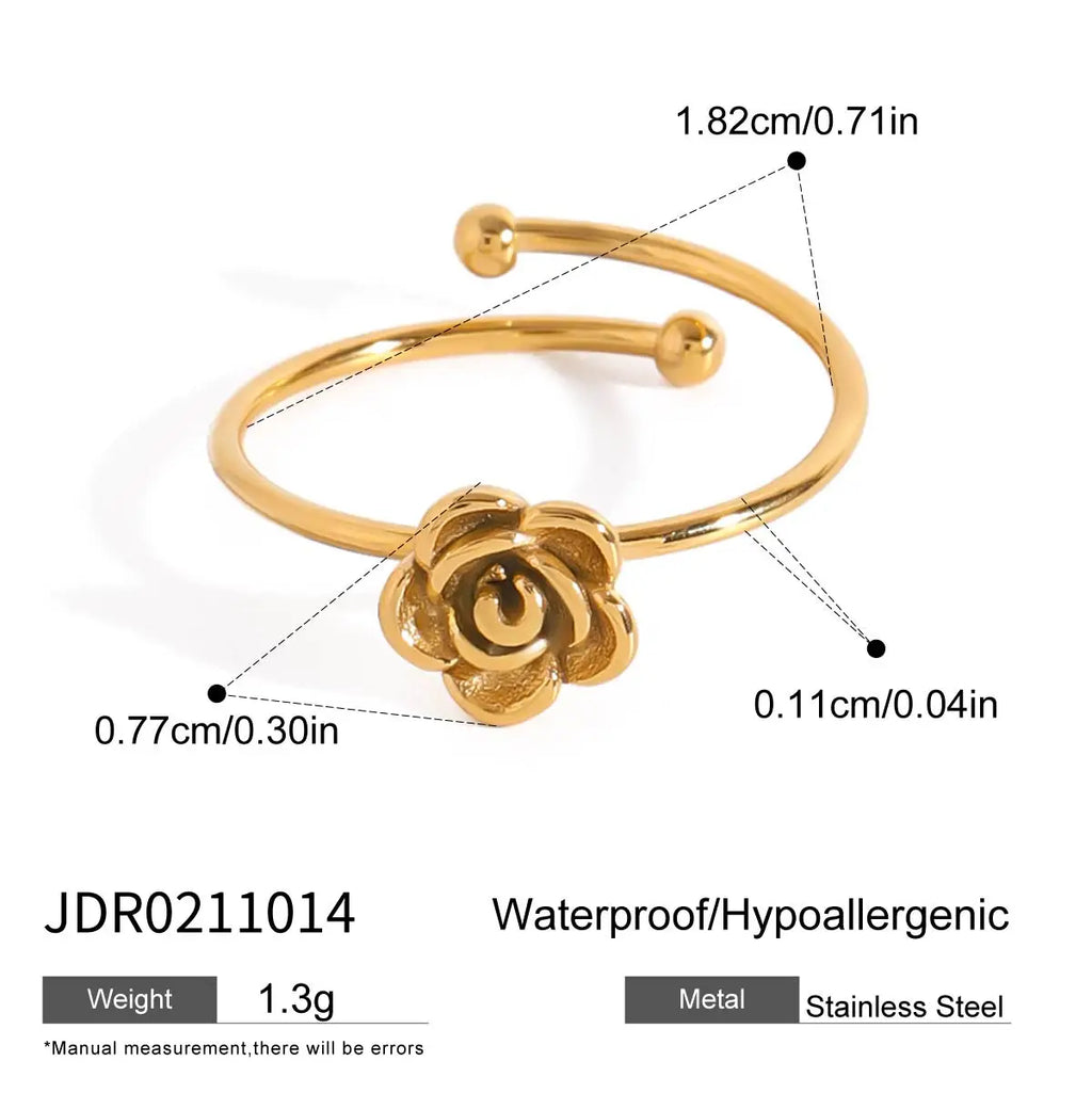 Zora 18K Gold Plated Stainless Steel Light Luxury High End Women's Style - Sweet French Camellia Adjustable Open Ring