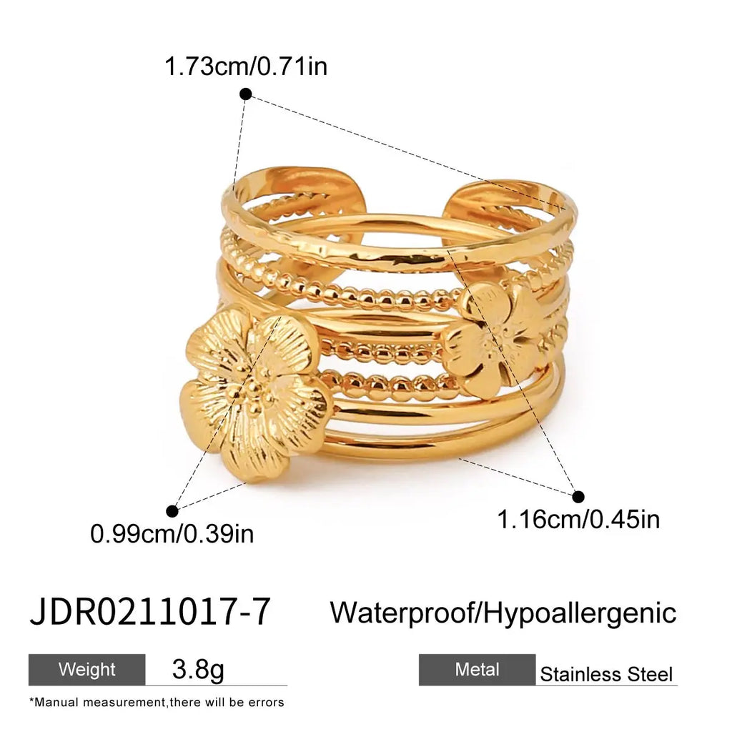 Juego de 3 anillos apilables sofisticados para mujer, chapados en oro de 18K, de acero inoxidable, con flor acanalada y cinco capas acanaladas huecas