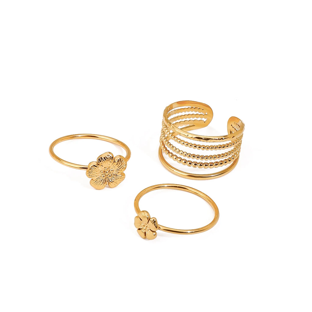 Juego de 3 anillos apilables sofisticados para mujer, chapados en oro de 18K, de acero inoxidable, con flor acanalada y cinco capas acanaladas huecas