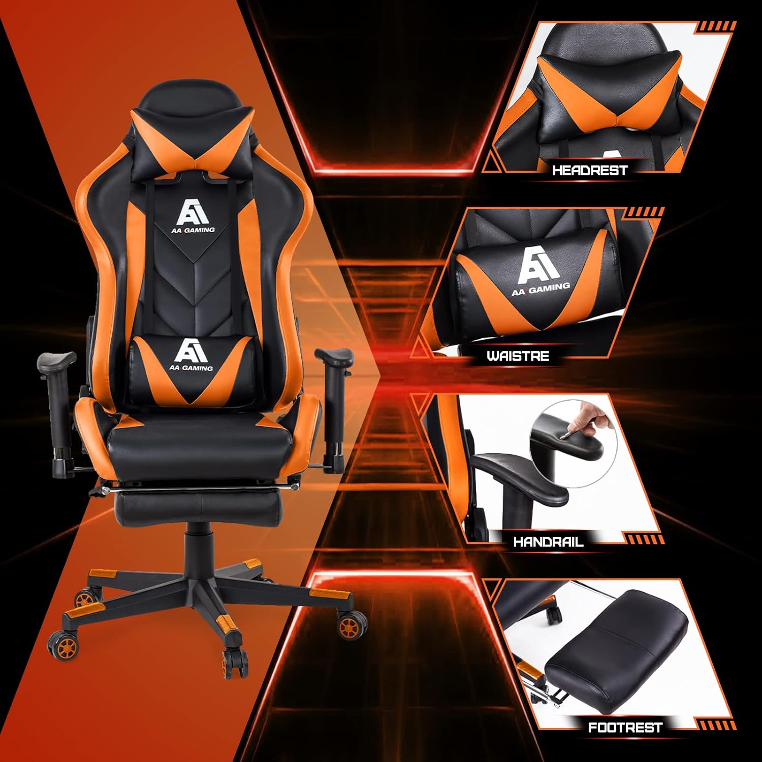 AA Products Gaming Chair Ergonomic High Back Computer Racing Chair Adjustable Office Chair with Footrest, Lumbar Support Swivel Chair - BlackOrange - Grand Goldman