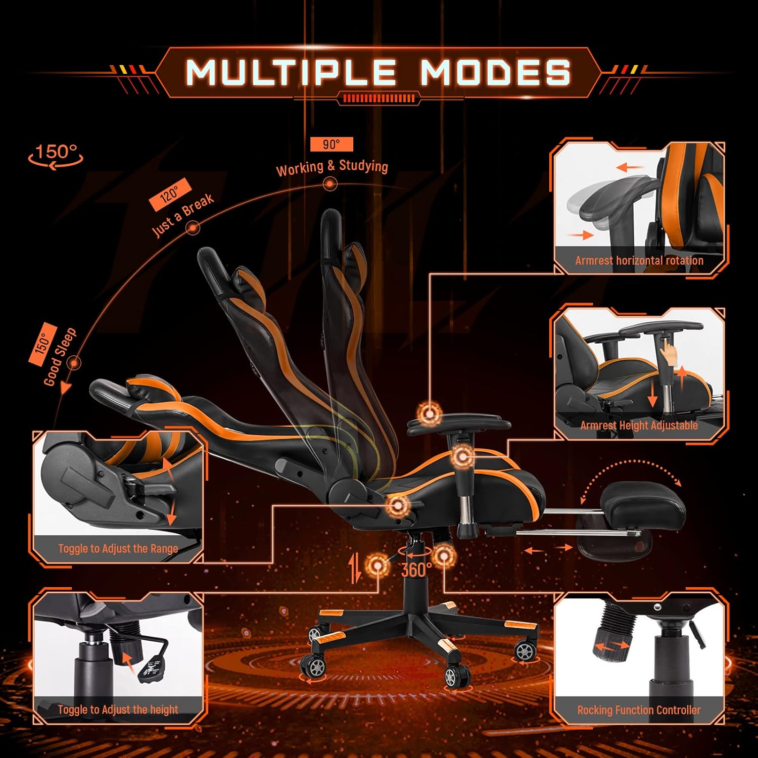 AA Products Gaming Chair Ergonomic High Back Computer Racing Chair Adjustable Office Chair with Footrest, Lumbar Support Swivel Chair - BlackOrange - Grand Goldman