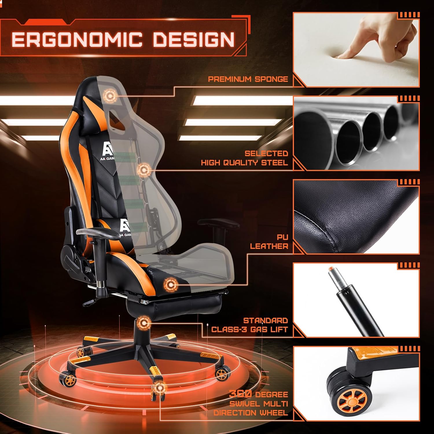 AA Products Gaming Chair Ergonomic High Back Computer Racing Chair Adjustable Office Chair with Footrest, Lumbar Support Swivel Chair - BlackOrange - Grand Goldman