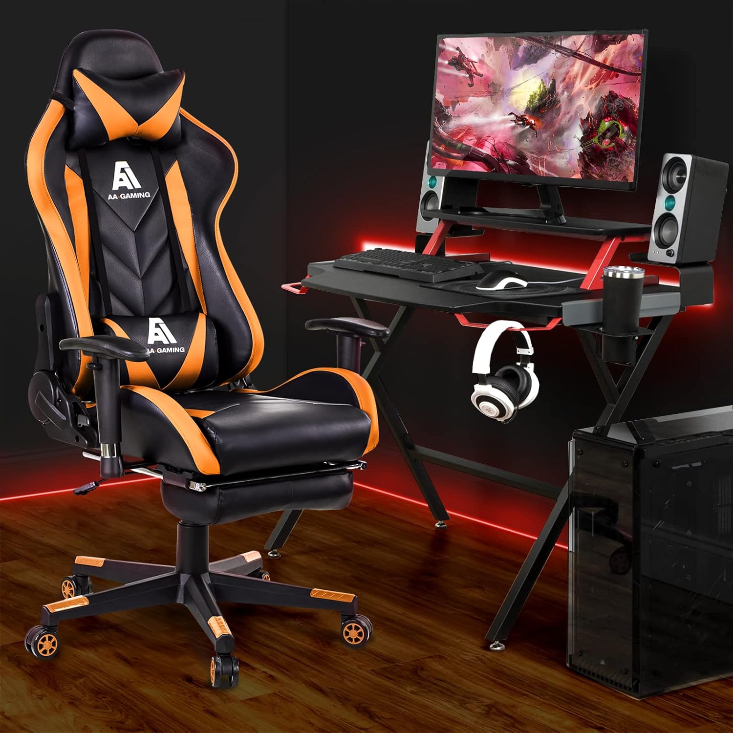 AA Products Gaming Chair Ergonomic High Back Computer Racing Chair Adjustable Office Chair with Footrest, Lumbar Support Swivel Chair - BlackOrange - Grand Goldman