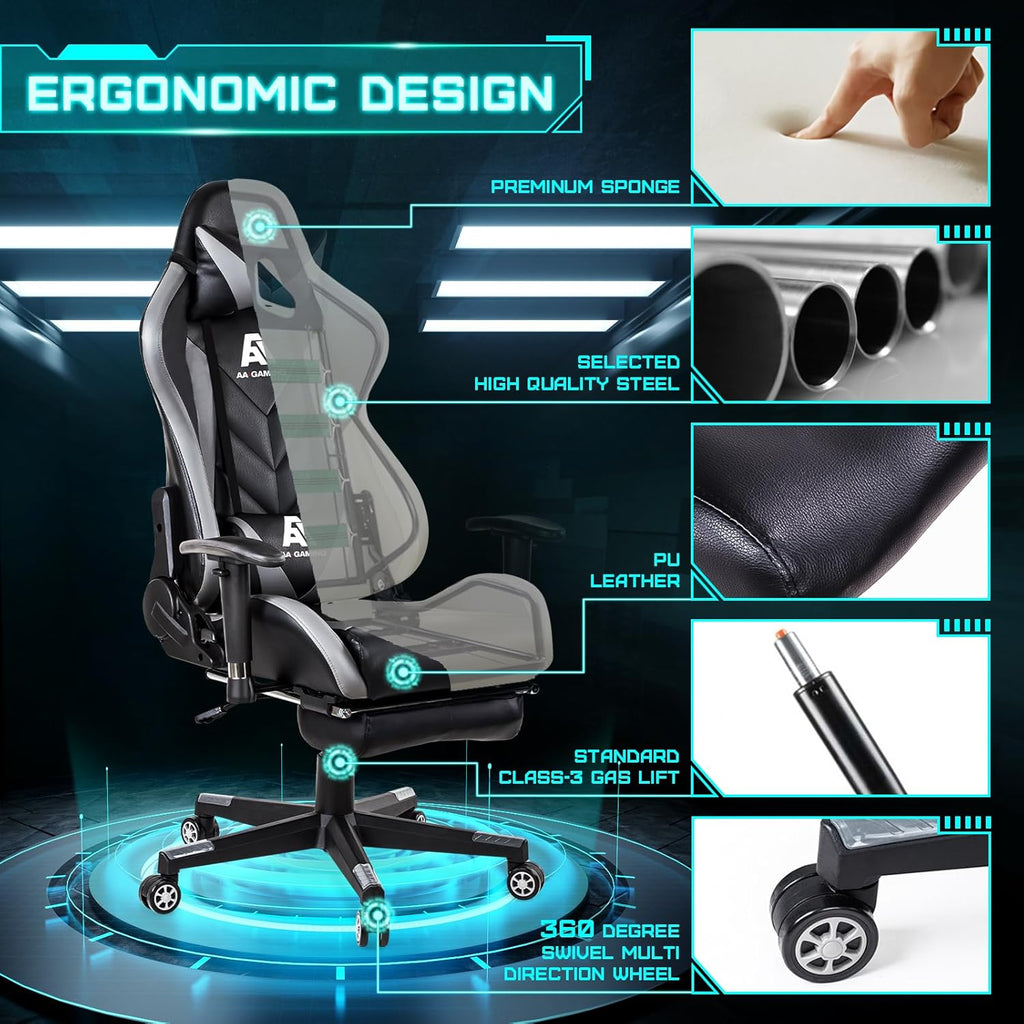 AA Products Gaming Chair Ergonomic High Back Computer Racing Chair Adjustable Office Chair with Footrest, Lumbar Support Swivel Chair - BlackOrange - Grand Goldman