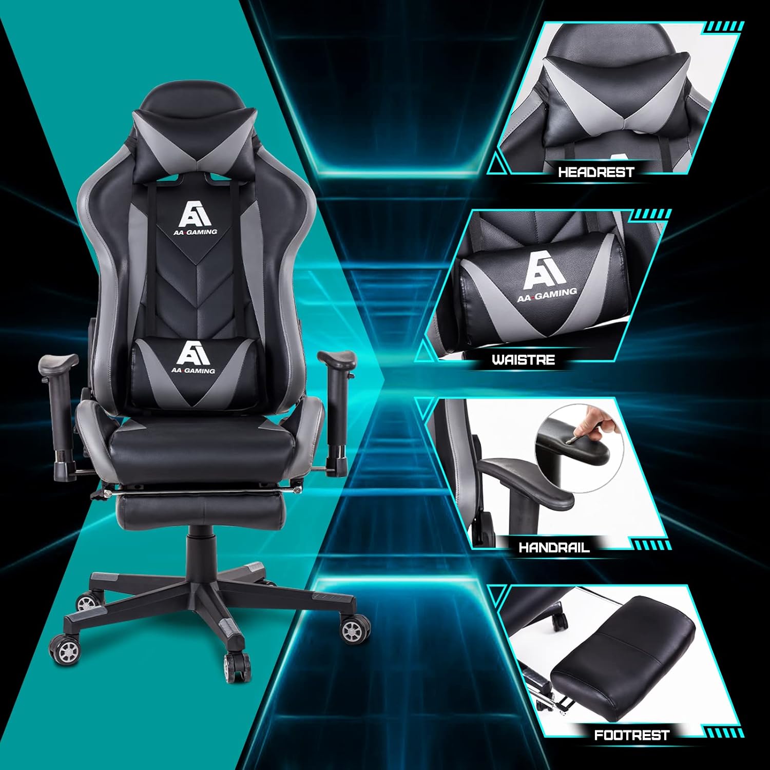AA Products Gaming Chair Ergonomic High Back Computer Racing Chair Adjustable Office Chair with Footrest, Lumbar Support Swivel Chair - BlackOrange - Grand Goldman