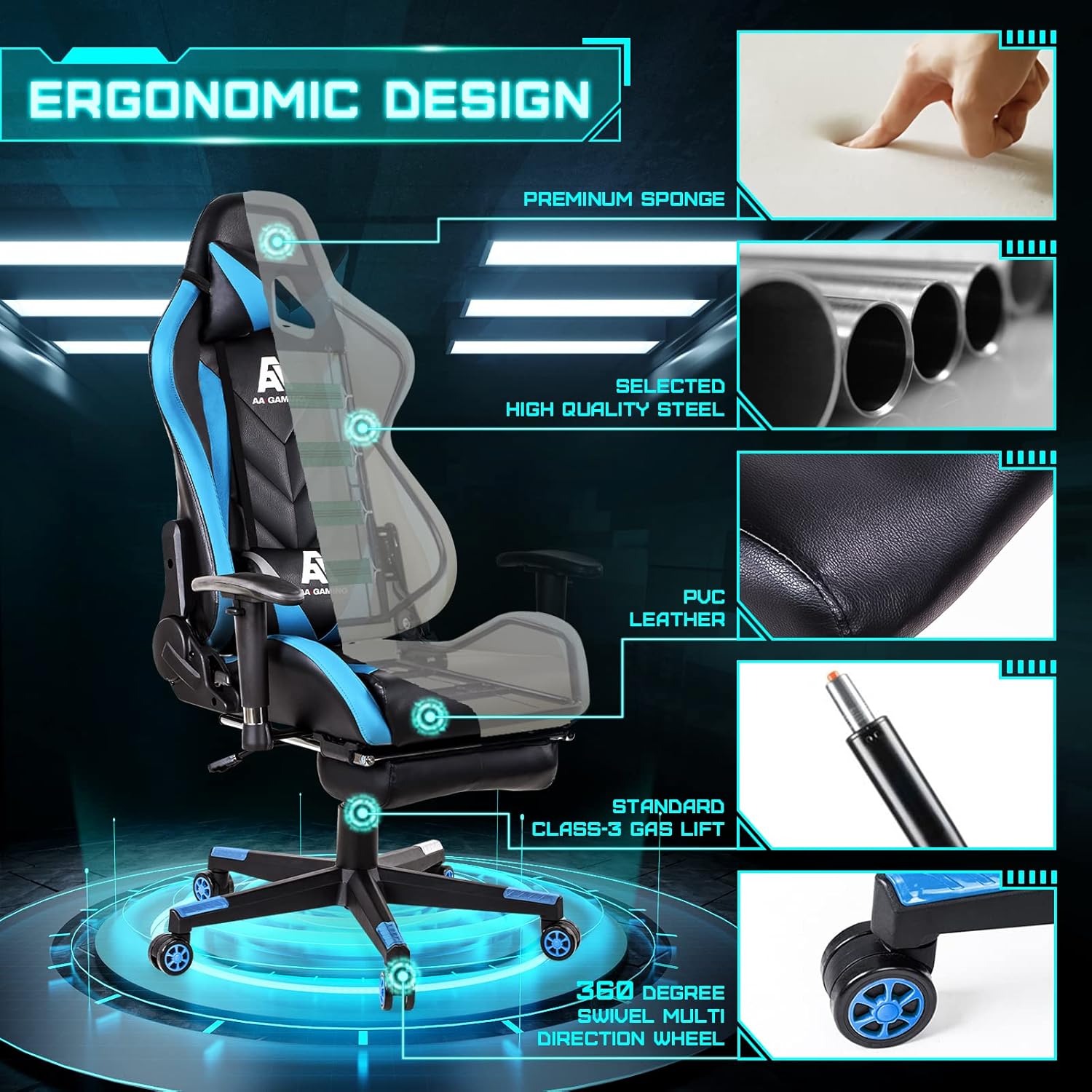 AA Products Gaming Chair Ergonomic High Back Computer Racing Chair Adjustable Office Chair with Footrest, Lumbar Support Swivel Chair - BlackOrange - Grand Goldman