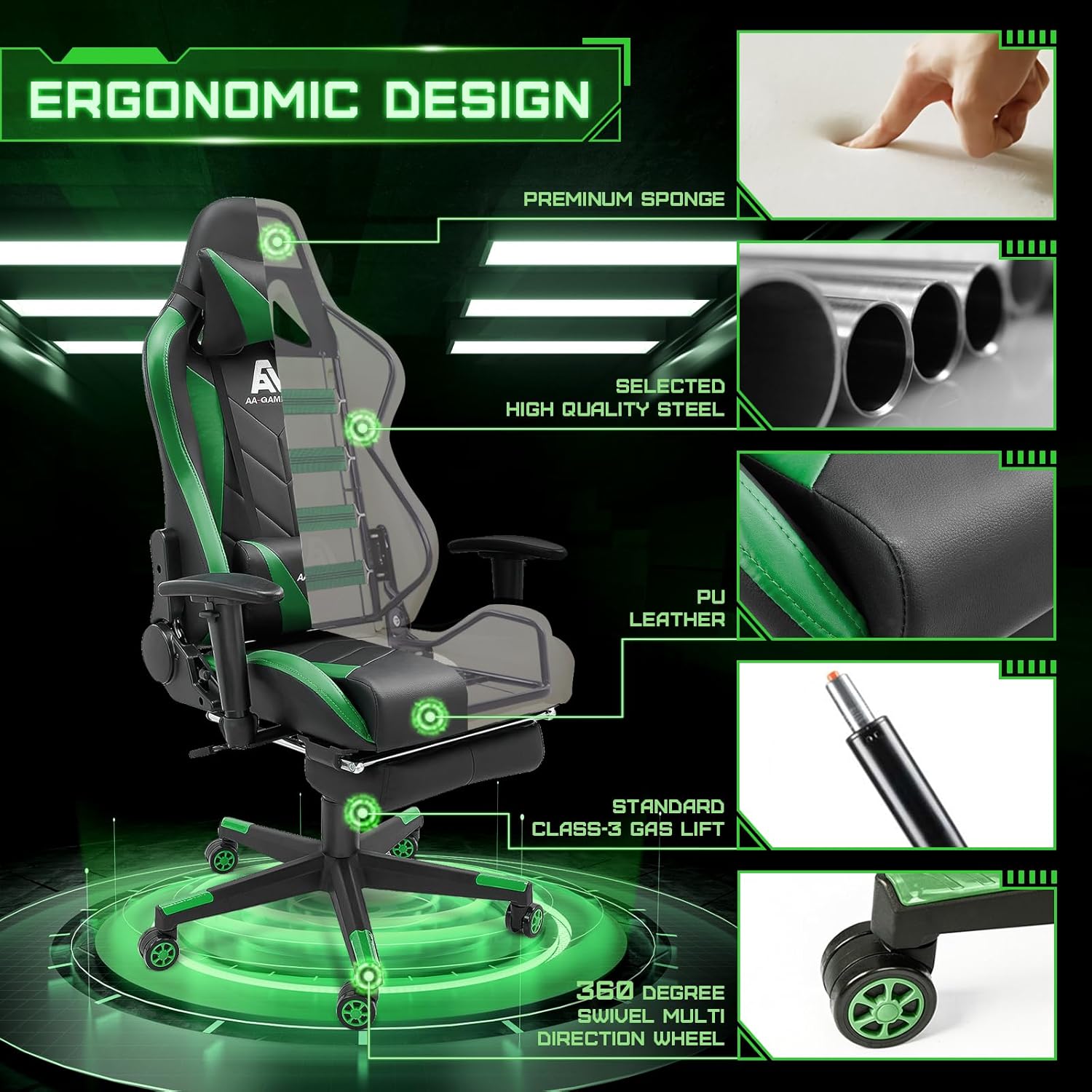 AA Products Gaming Chair Ergonomic High Back Computer Racing Chair Adjustable Office Chair with Footrest, Lumbar Support Swivel Chair - BlackOrange - Grand Goldman