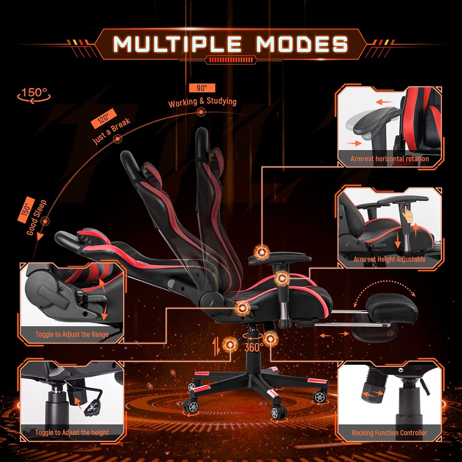 AA Products Gaming Chair Ergonomic High Back Computer Racing Chair Adjustable Office Chair with Footrest, Lumbar Support Swivel Chair - BlackOrange - Grand Goldman