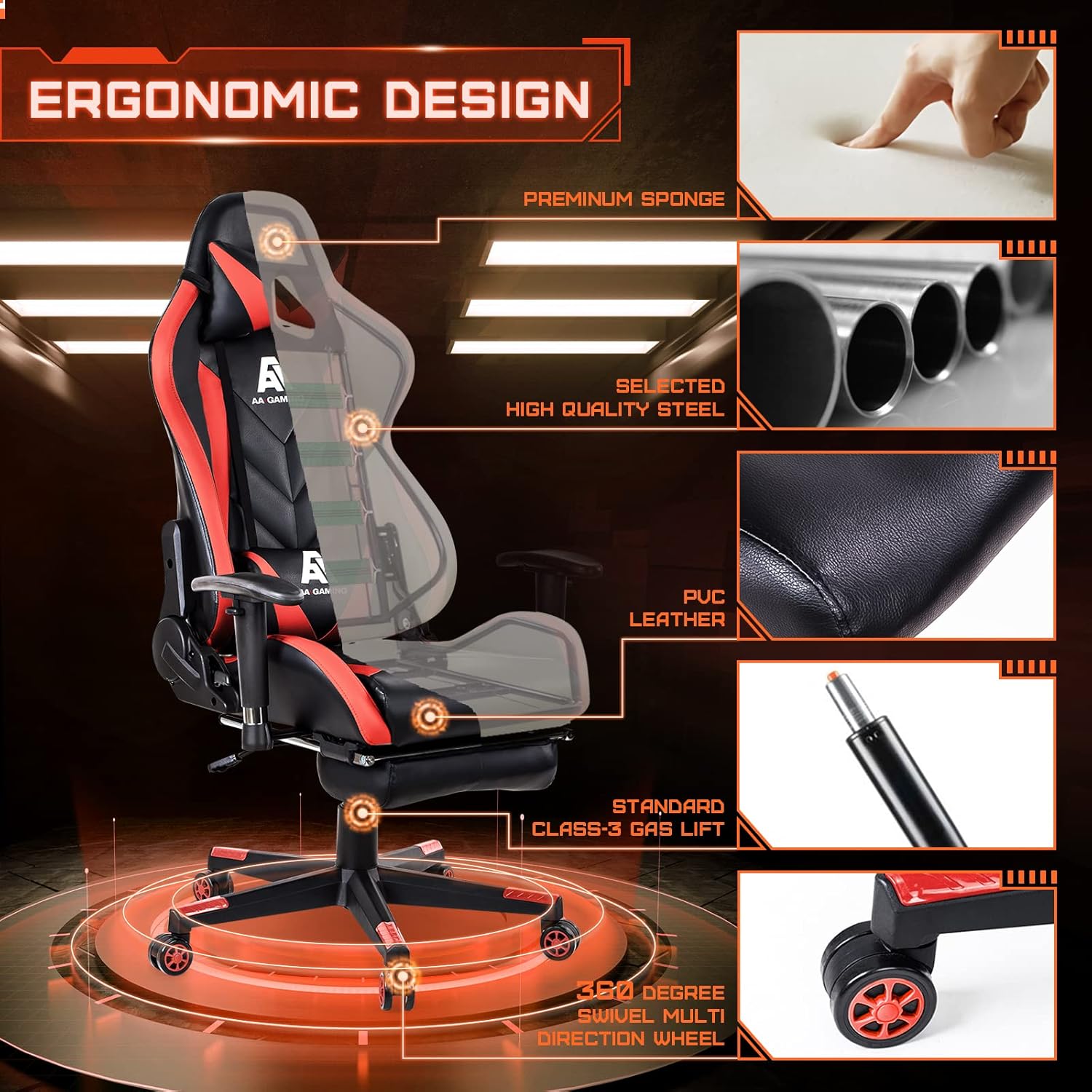AA Products Gaming Chair Ergonomic High Back Computer Racing Chair Adjustable Office Chair with Footrest, Lumbar Support Swivel Chair - BlackOrange - Grand Goldman