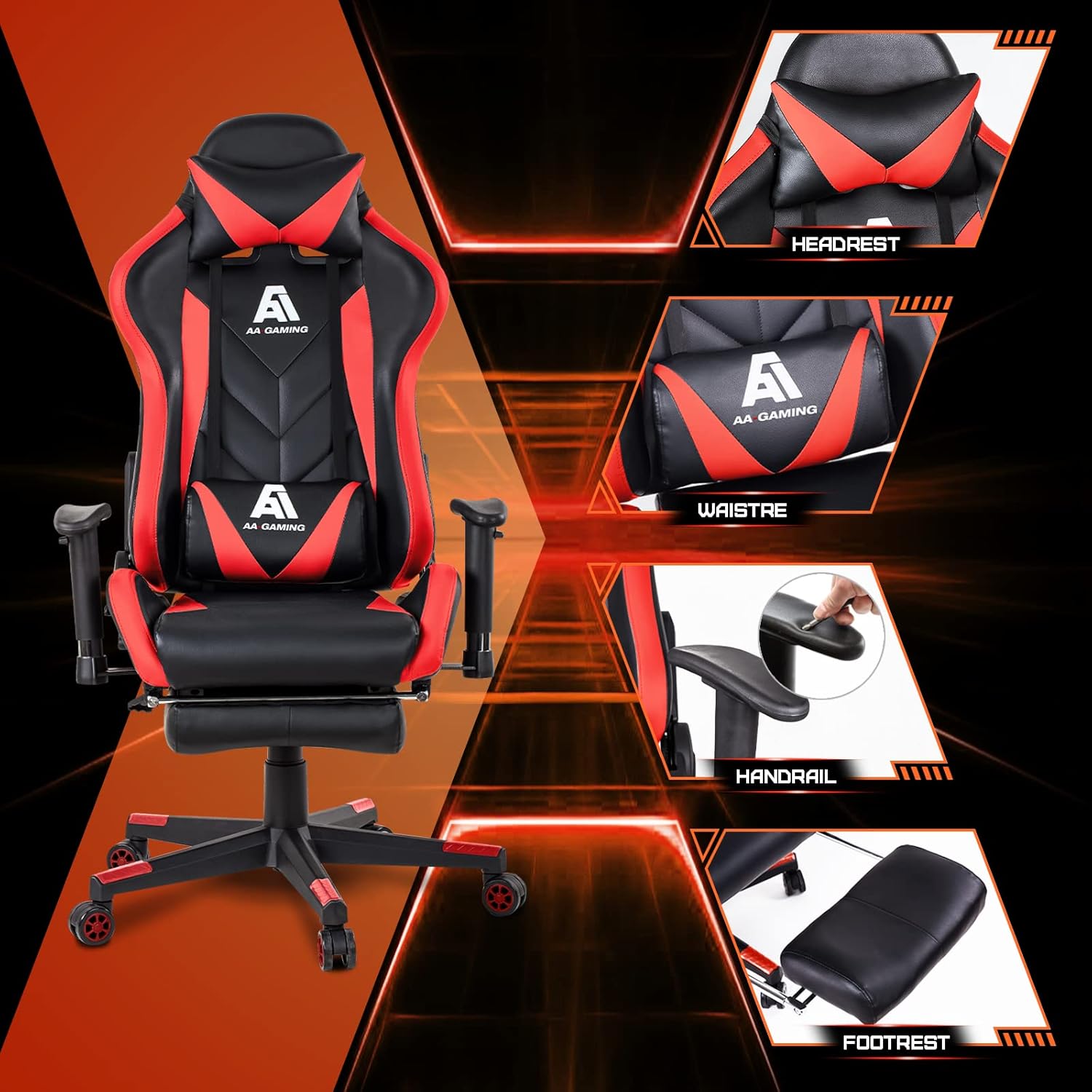 AA Products Gaming Chair Ergonomic High Back Computer Racing Chair Adjustable Office Chair with Footrest, Lumbar Support Swivel Chair - BlackOrange - Grand Goldman