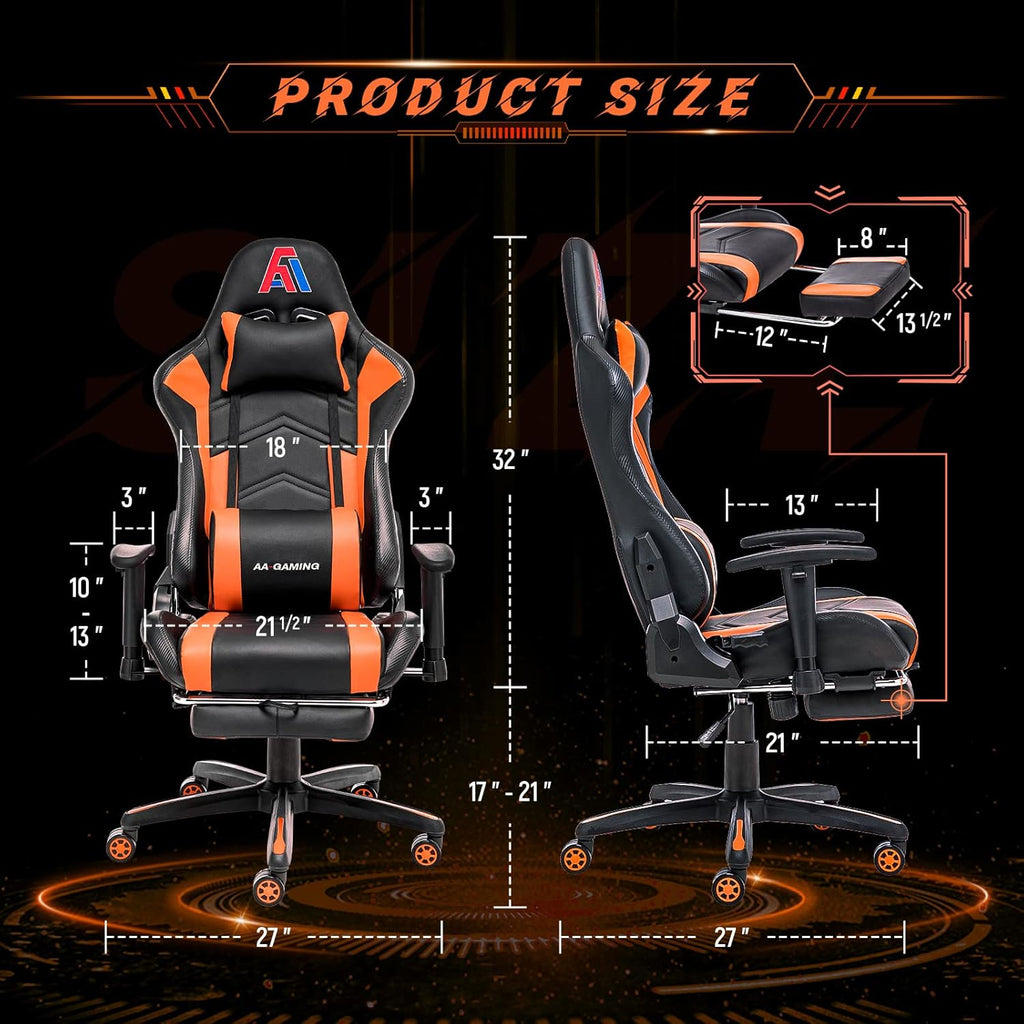 AA Products Gaming Chair Ergonomic High Back Computer Racing Chair Adjustable Office Chair with Footrest, Lumbar Support Swivel Chair - BlackOrange - Grand Goldman