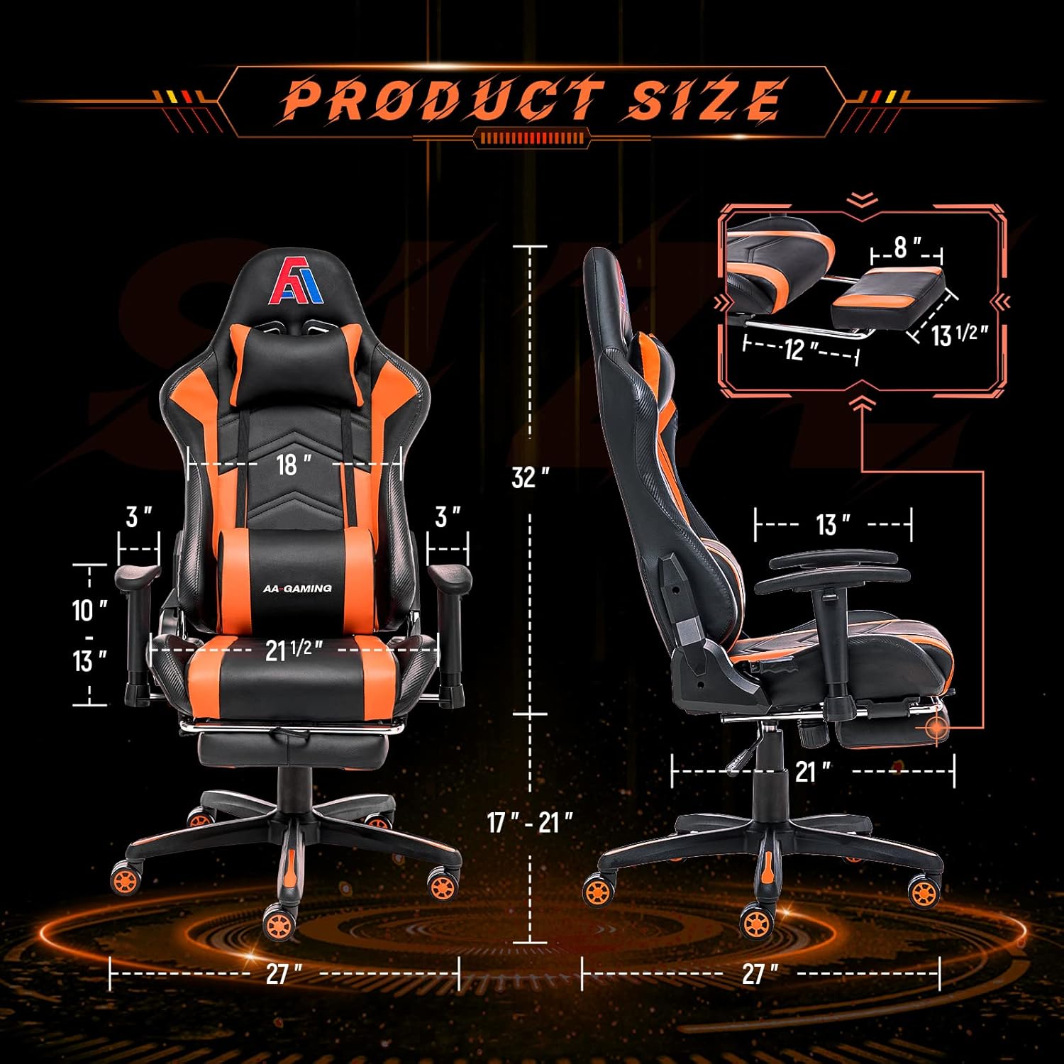AA Products Gaming Chair Ergonomic High Back Computer Racing Chair Adjustable Office Chair with Footrest, Lumbar Support Swivel Chair - BlackOrange - Grand Goldman