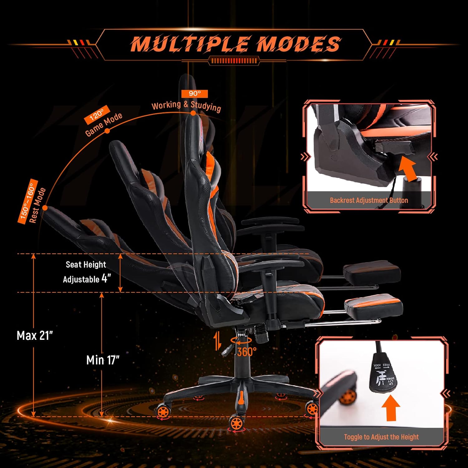 AA Products Gaming Chair Ergonomic High Back Computer Racing Chair Adjustable Office Chair with Footrest, Lumbar Support Swivel Chair - BlackOrange - Grand Goldman