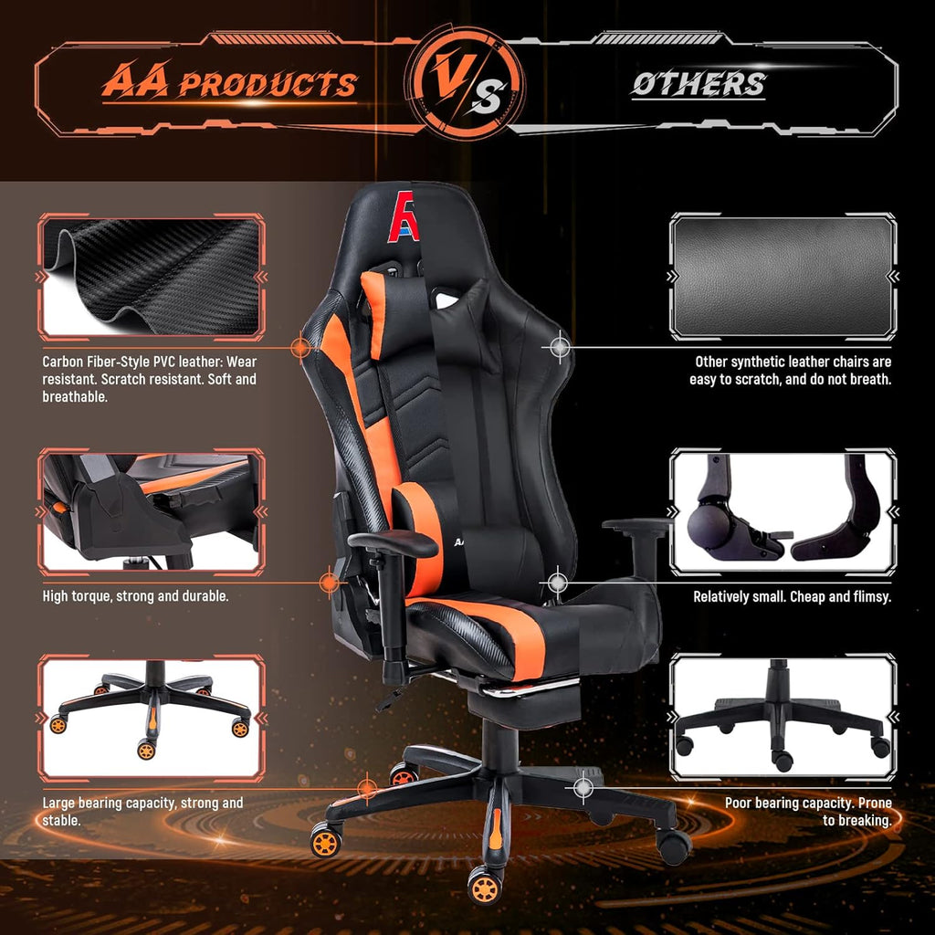 AA Products Gaming Chair Ergonomic High Back Computer Racing Chair Adjustable Office Chair with Footrest, Lumbar Support Swivel Chair - BlackOrange - Grand Goldman