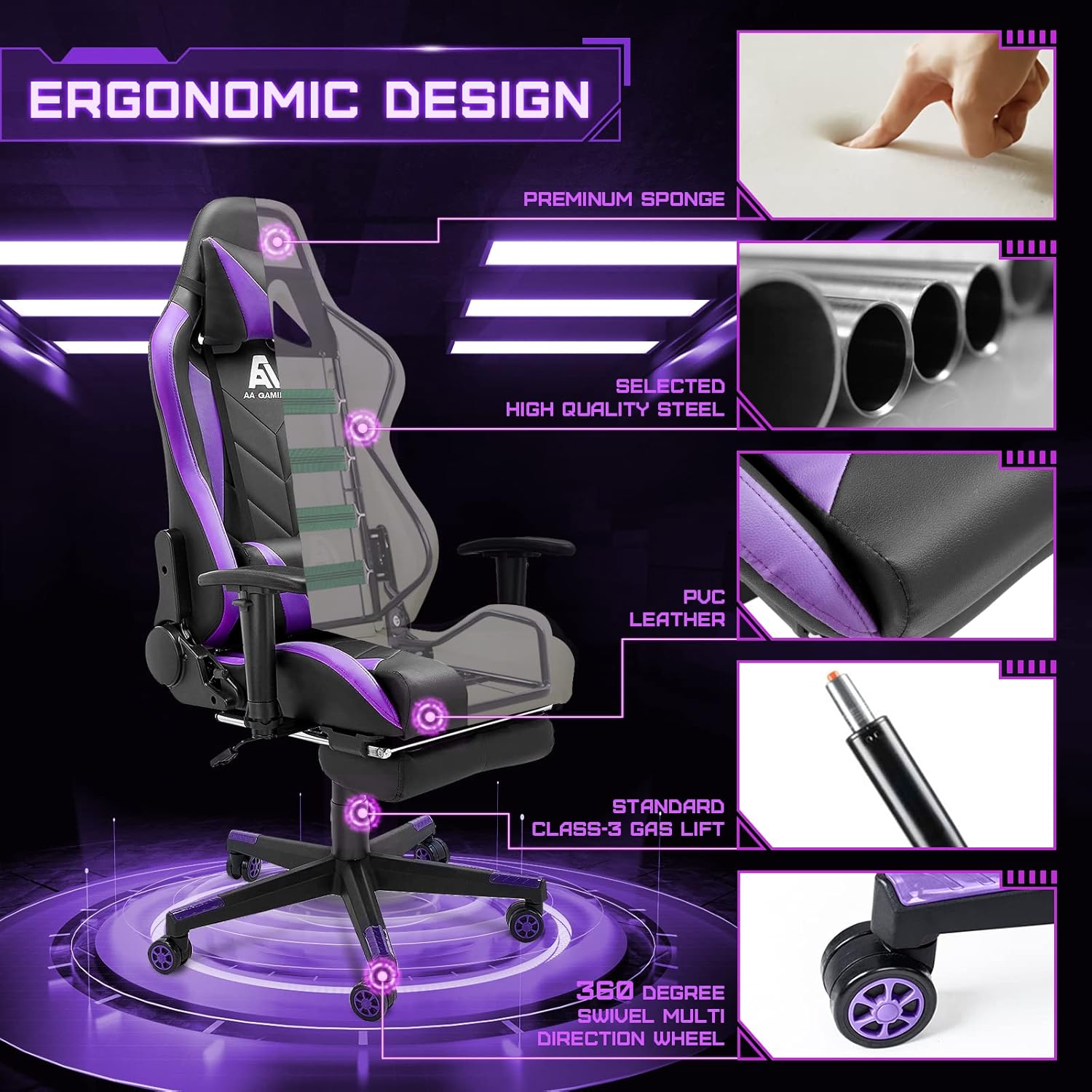 AA Products Gaming Chair Ergonomic High Back Computer Racing Chair Adjustable Office Chair with Footrest, Lumbar Support Swivel Chair - BlackOrange - Grand Goldman