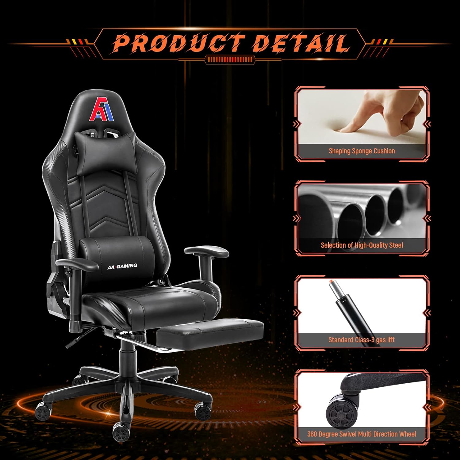 AA Products Gaming Chair Ergonomic High Back Computer Racing Chair Adjustable Office Chair with Footrest, Lumbar Support Swivel Chair - Black - Grand Goldman