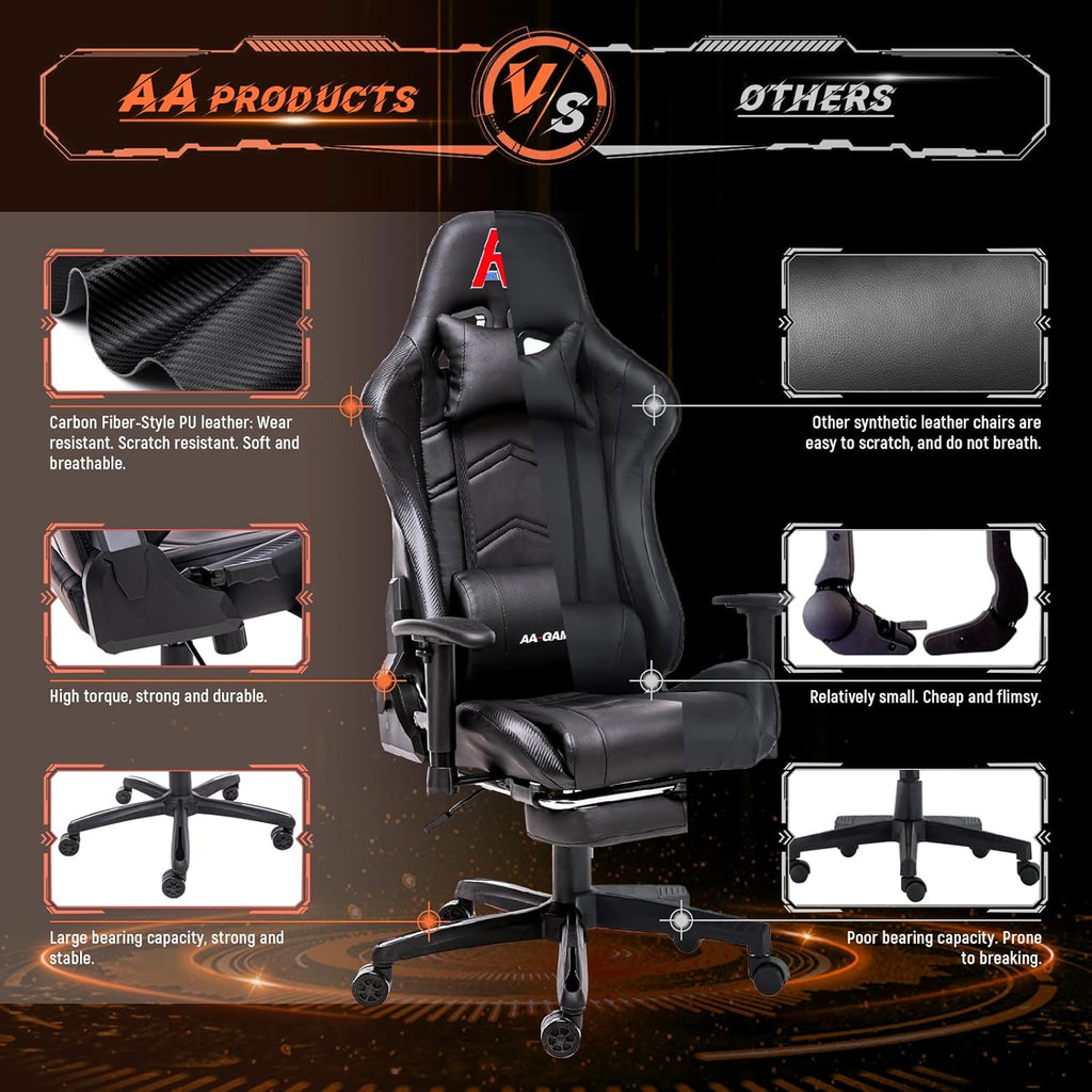 AA Products Gaming Chair Ergonomic High Back Computer Racing Chair Adjustable Office Chair with Footrest, Lumbar Support Swivel Chair - Black - Grand Goldman